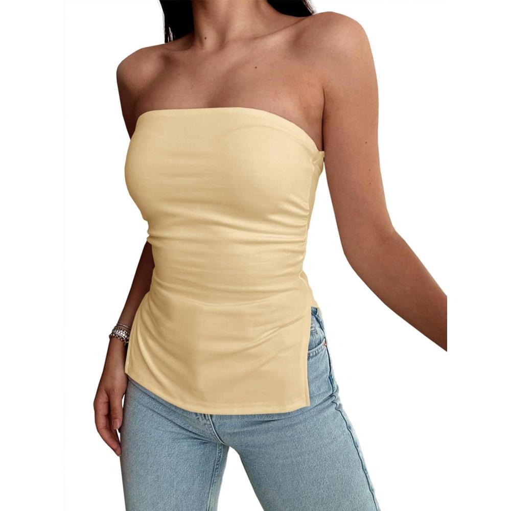 imageTankaneo Womens Summer Tube Top Strapless Split Hem Tops Trendy Fitted Going Out Bandeau ShirtsApricot