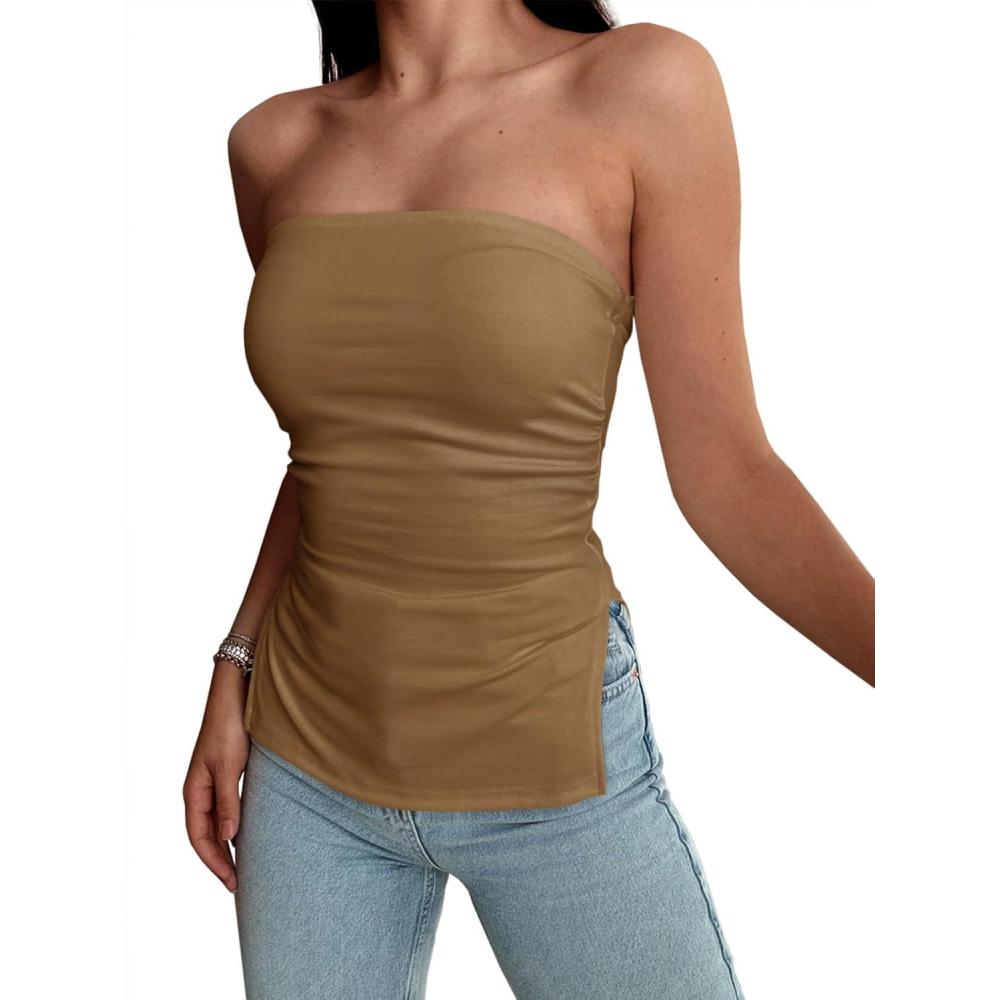 imageTankaneo Womens Summer Tube Top Strapless Split Hem Tops Trendy Fitted Going Out Bandeau ShirtsBrown