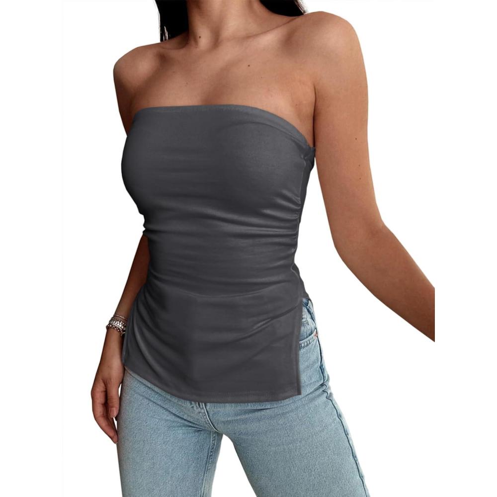 imageTankaneo Womens Summer Tube Top Strapless Split Hem Tops Trendy Fitted Going Out Bandeau ShirtsDark Grey