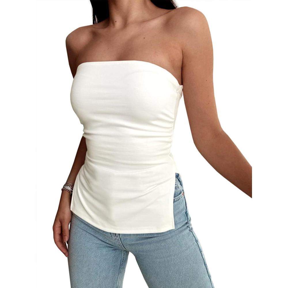 imageTankaneo Womens Summer Tube Top Strapless Split Hem Tops Trendy Fitted Going Out Bandeau ShirtsWhite