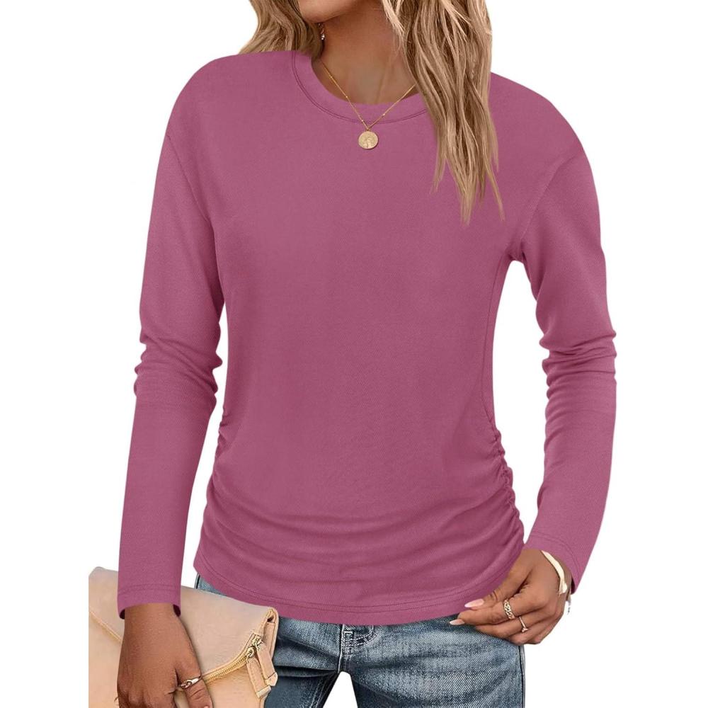 imageTankaneo Womens TShirts Summer Long Sleeve 2025 Crew Neck Blouse Dressy Casual Ruched Slim Fit Trendy TopsBright Pink