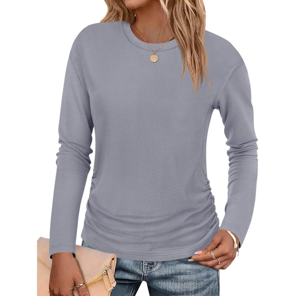 imageTankaneo Womens TShirts Summer Long Sleeve 2025 Crew Neck Blouse Dressy Casual Ruched Slim Fit Trendy TopsGray