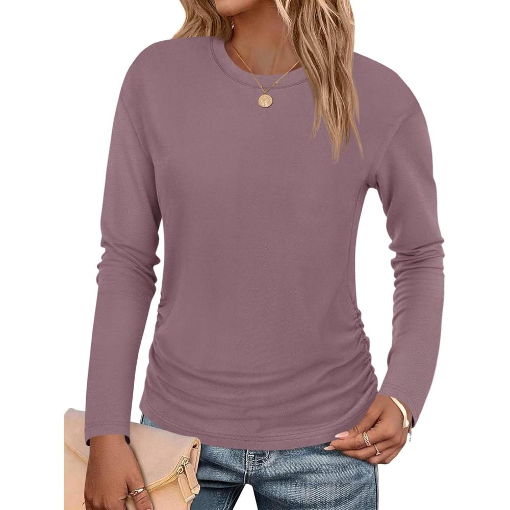 imageTankaneo Womens TShirts Summer Long Sleeve 2025 Crew Neck Blouse Dressy Casual Ruched Slim Fit Trendy TopsGray Purple