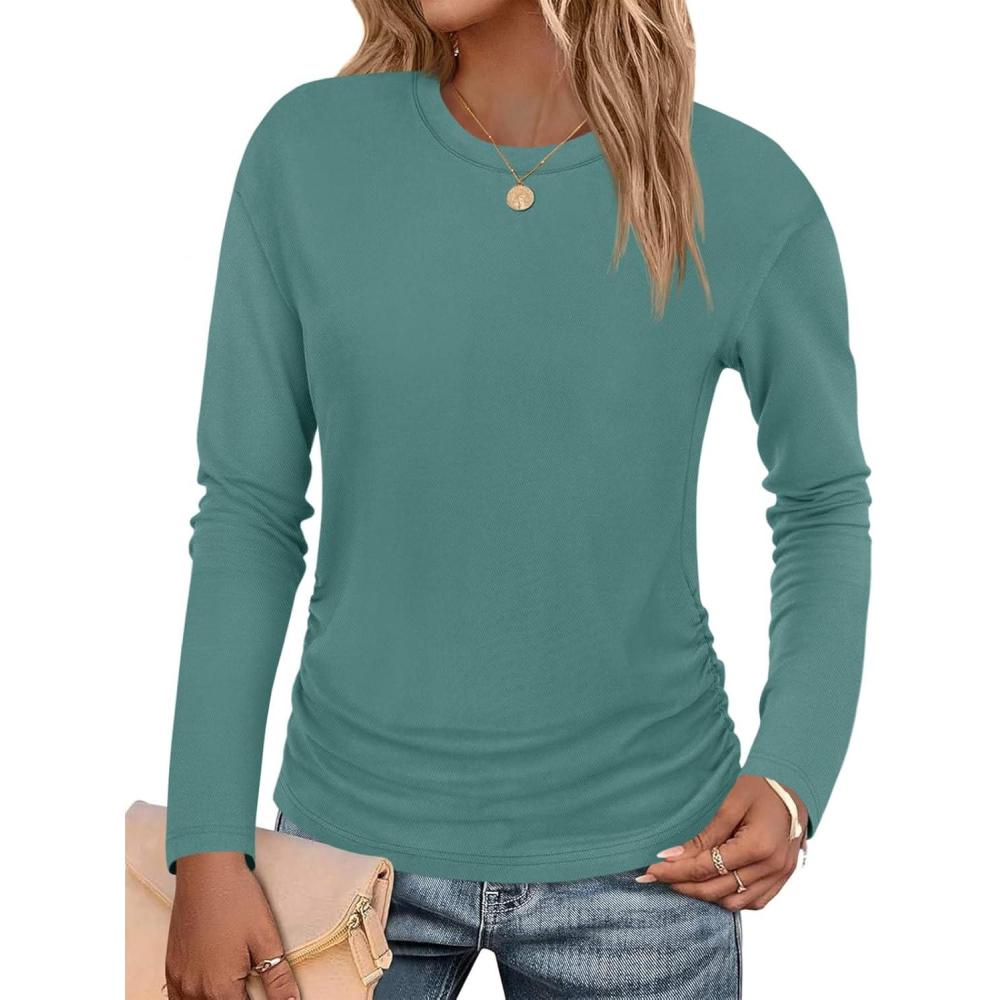 imageTankaneo Womens TShirts Summer Long Sleeve 2025 Crew Neck Blouse Dressy Casual Ruched Slim Fit Trendy TopsGreen