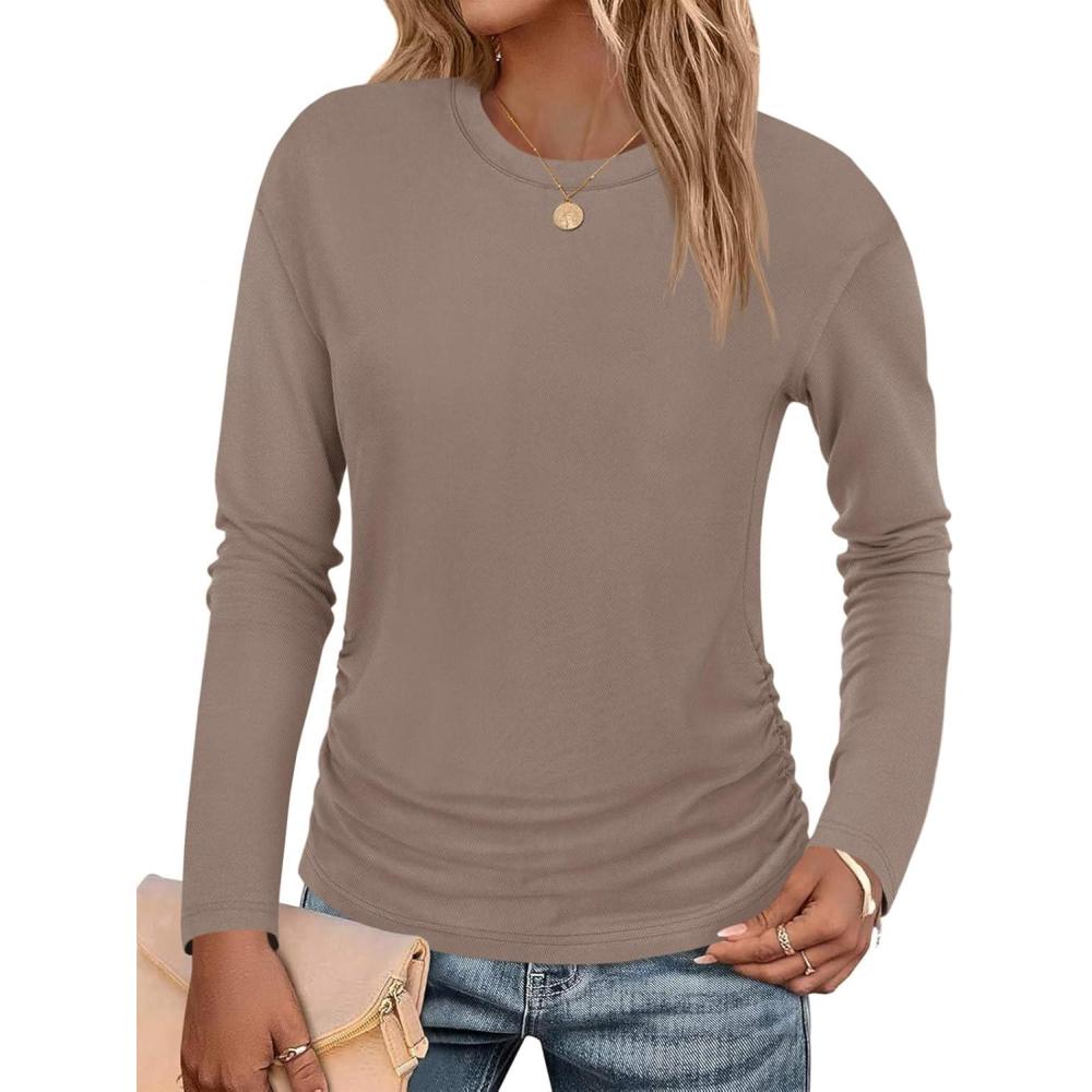 imageTankaneo Womens TShirts Summer Long Sleeve 2025 Crew Neck Blouse Dressy Casual Ruched Slim Fit Trendy TopsKhaki