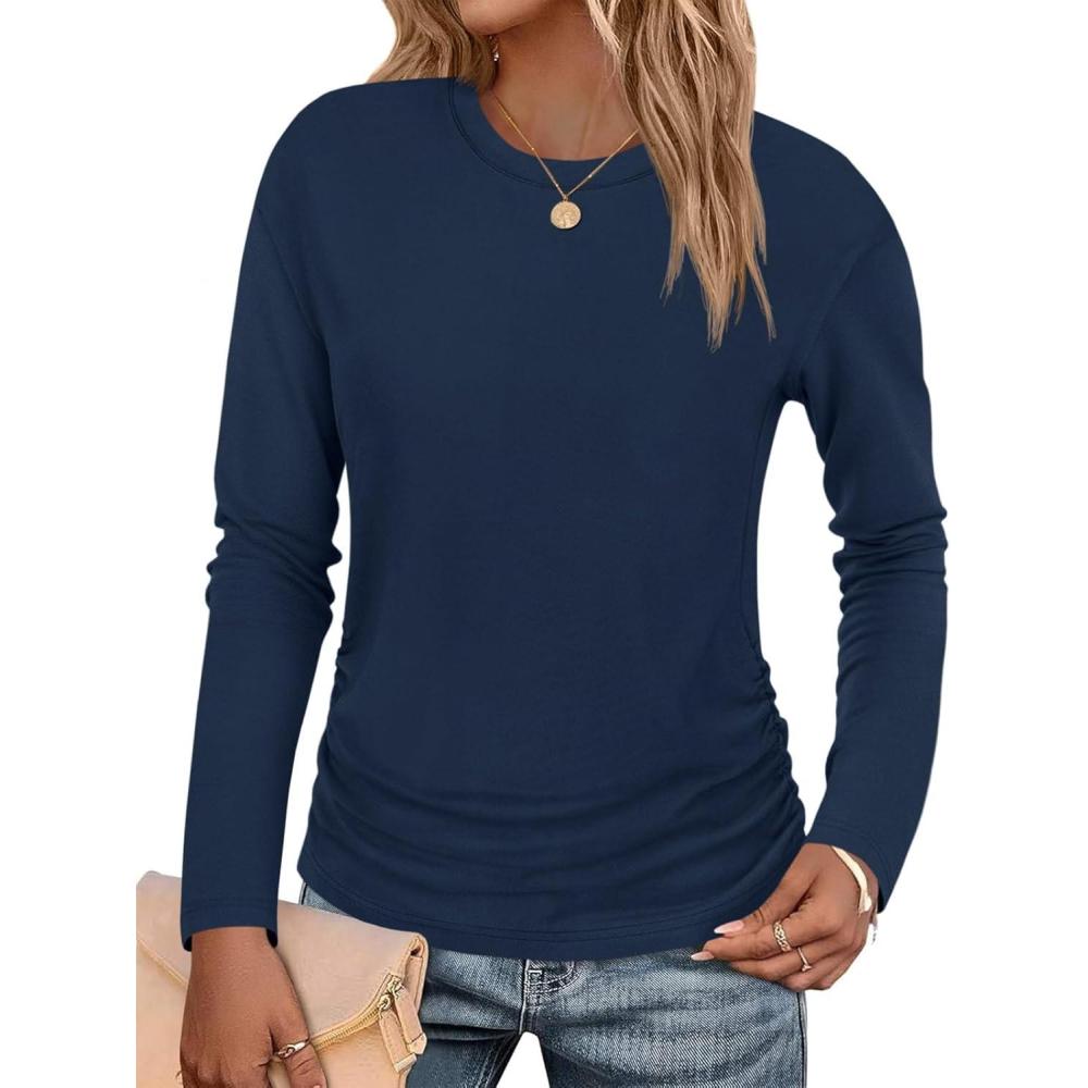 imageTankaneo Womens TShirts Summer Long Sleeve 2025 Crew Neck Blouse Dressy Casual Ruched Slim Fit Trendy TopsNavy