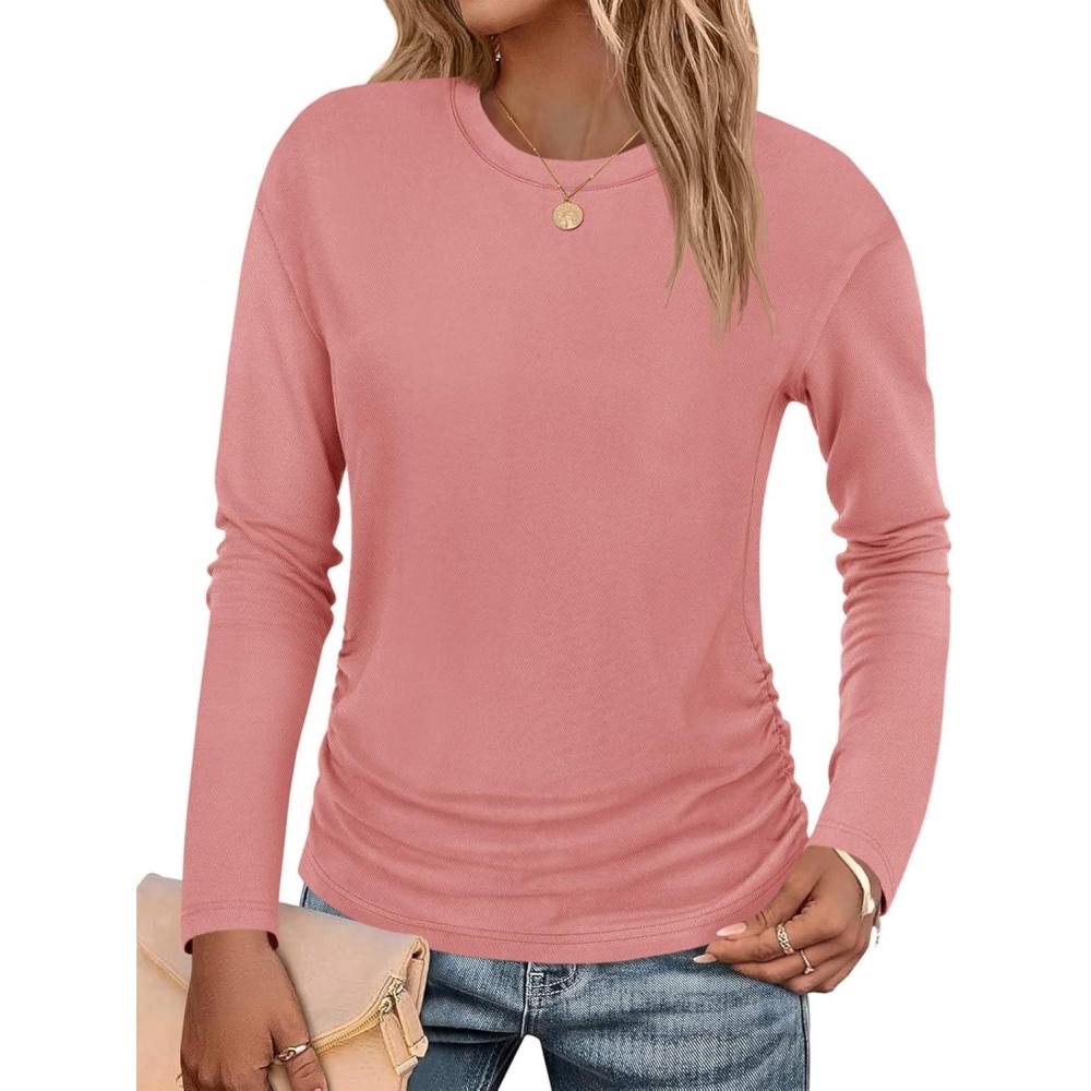 imageTankaneo Womens TShirts Summer Long Sleeve 2025 Crew Neck Blouse Dressy Casual Ruched Slim Fit Trendy TopsPink Orange