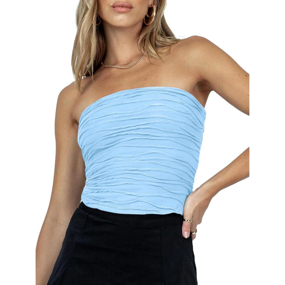 imageTankaneo Womens Textured Tube Top Sexy Strapless Solid Crop Tops Sleeveless Stretch Party Clubwear Tank TopBlue