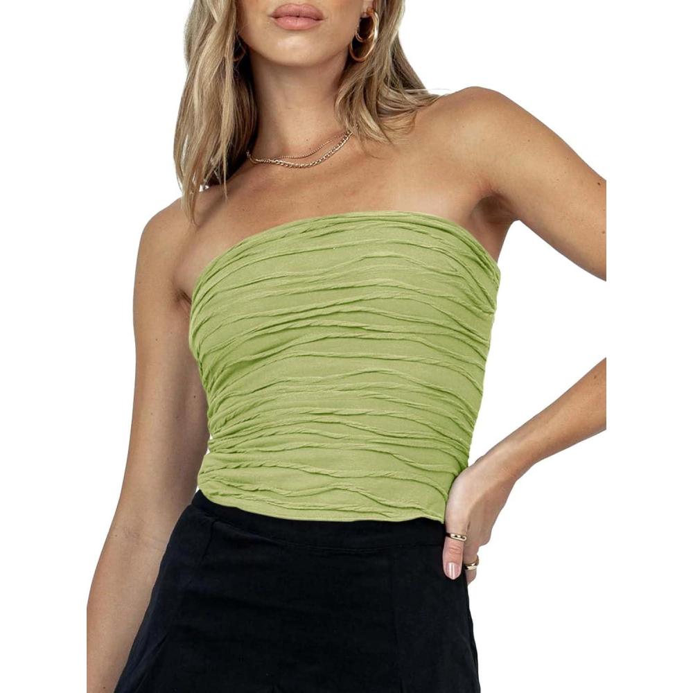 imageTankaneo Womens Textured Tube Top Sexy Strapless Solid Crop Tops Sleeveless Stretch Party Clubwear Tank TopLight Green