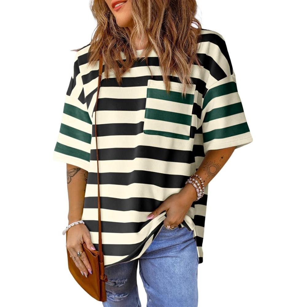 imageWomens Oversized Color Block Striped Tshirts Summer Casual Short Sleeve Tops Loose Fit Crew Neck ShirtsBlack