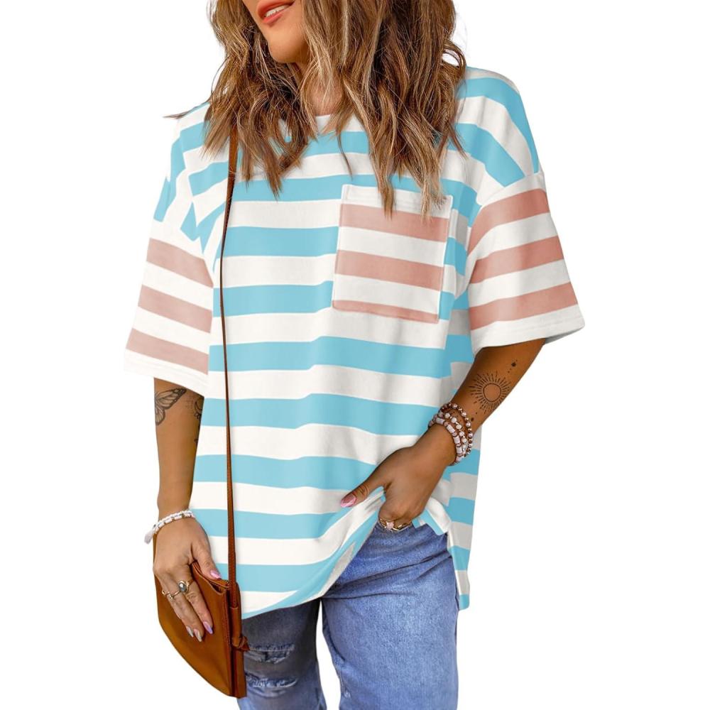 imageWomens Oversized Color Block Striped Tshirts Summer Casual Short Sleeve Tops Loose Fit Crew Neck ShirtsBlue