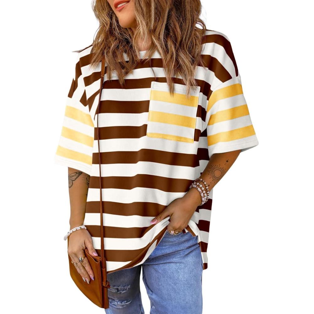 imageWomens Oversized Color Block Striped Tshirts Summer Casual Short Sleeve Tops Loose Fit Crew Neck ShirtsBrown