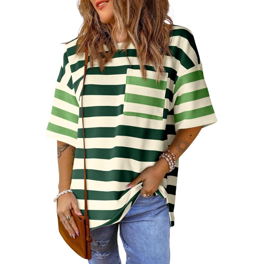 imageWomens Oversized Color Block Striped Tshirts Summer Casual Short Sleeve Tops Loose Fit Crew Neck ShirtsGreen