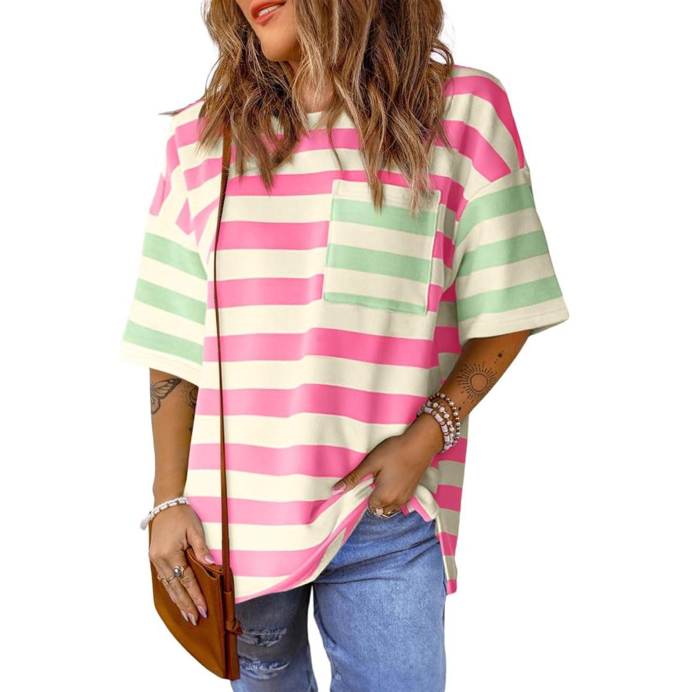 imageWomens Oversized Color Block Striped Tshirts Summer Casual Short Sleeve Tops Loose Fit Crew Neck ShirtsPink Green