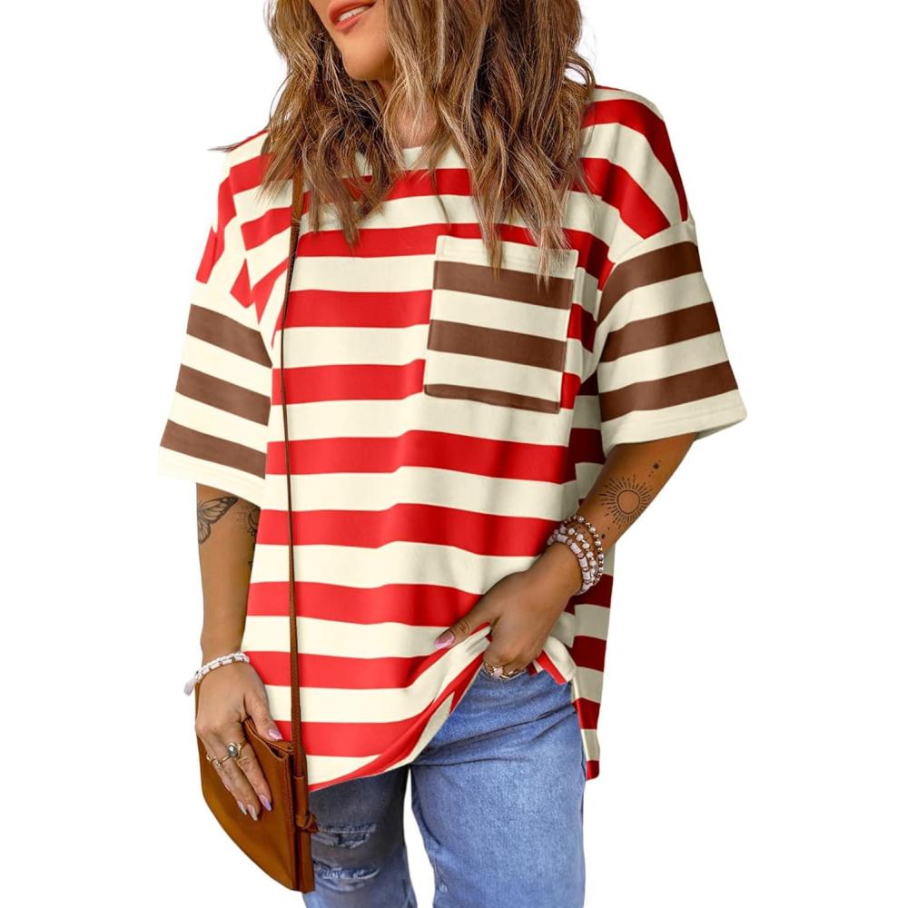 imageWomens Oversized Color Block Striped Tshirts Summer Casual Short Sleeve Tops Loose Fit Crew Neck ShirtsRed