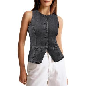 Tankaneo Womens Button Down Denim Vest Tops Sleeveless Fitted Jean Tank Tops Summer Trendy Casual Waistcoat(Dark Grey)