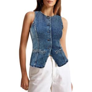 Tankaneo Womens Button Down Denim Vest Tops Sleeveless Fitted Jean Tank Tops Summer Trendy Casual Waistcoat(Wash Blue)