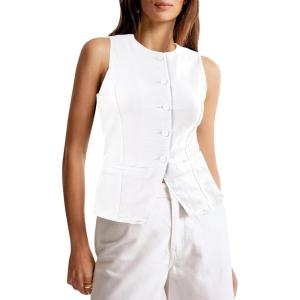 Tankaneo Womens Button Down Denim Vest Tops Sleeveless Fitted Jean Tank Tops Summer Trendy Casual Waistcoat(White)