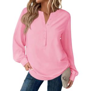 Tankaneo Womens Long Sleeve Henley Shirts Dressy Casual V Neck Tunic Tops Loose Fit Basic Tees T-Shirts(Pink)