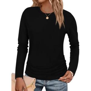Tankaneo Womens T-Shirts Summer Long Sleeve 2025 Crew Neck Blouse Dressy Casual Ruched Slim Fit Trendy Tops(Black)