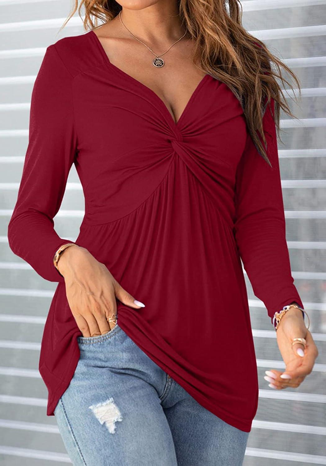 imageTankaneo Women VNeck Front Knotted Blouse Shirt Long Sleeve Elegant Casual TShirt Solid Color Pullover TopsB20wine Red