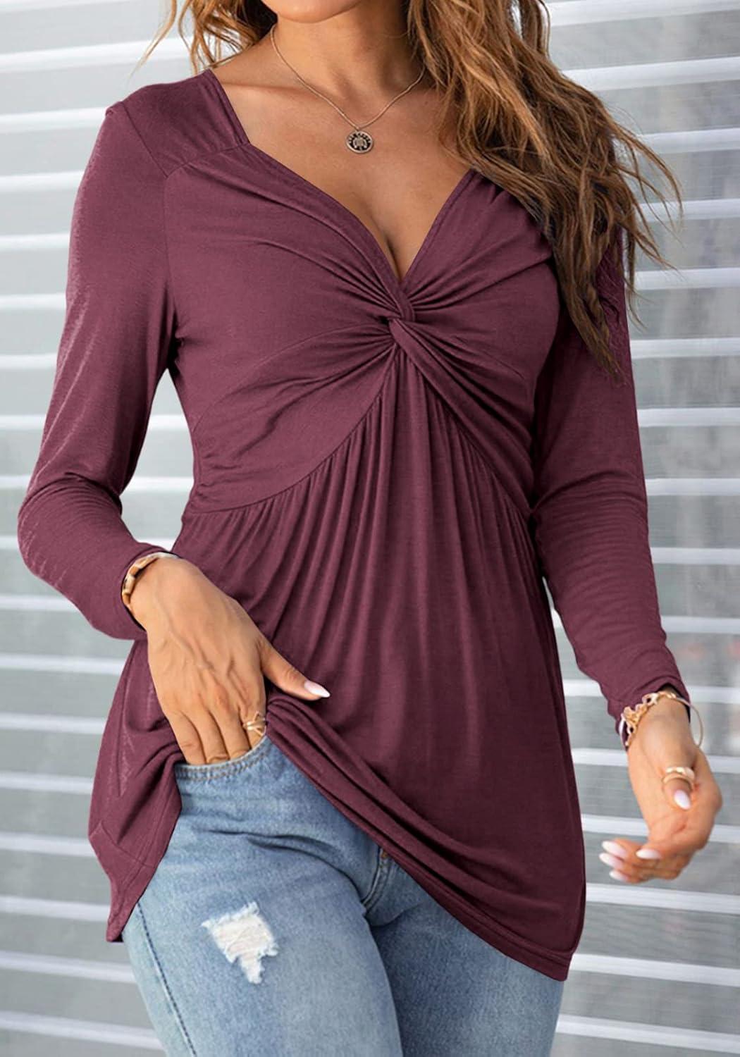 imageTankaneo Women VNeck Front Knotted Blouse Shirt Long Sleeve Elegant Casual TShirt Solid Color Pullover TopsB22fuchsia