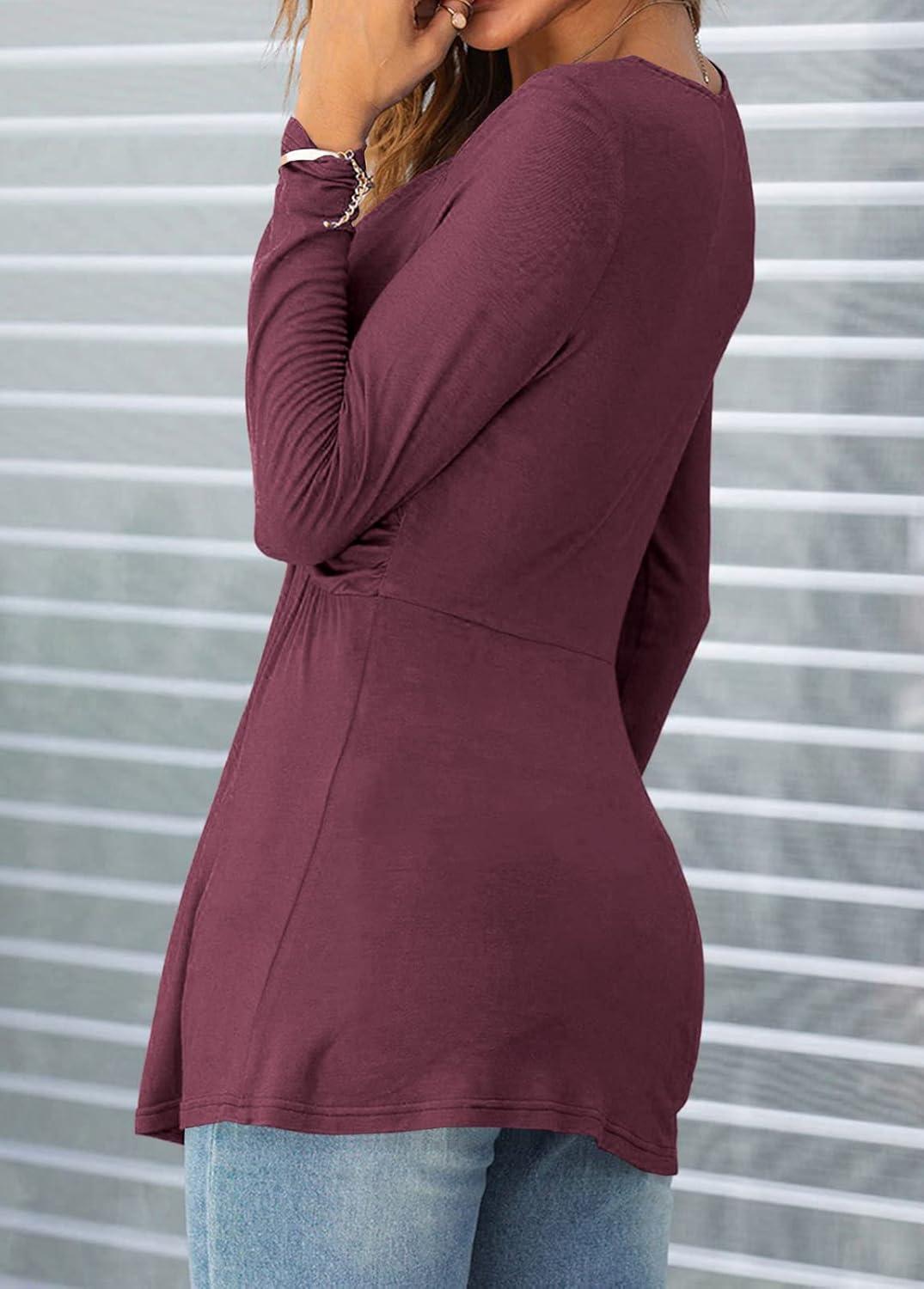 imageTankaneo Women VNeck Front Knotted Blouse Shirt Long Sleeve Elegant Casual TShirt Solid Color Pullover TopsB22fuchsia