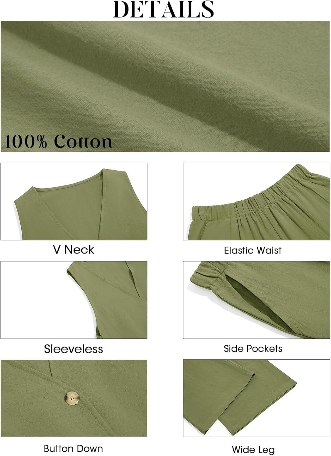 imageTankaneo Womens 2 Piece Linen Sets Summer Outfits Sleeveless V Neck Botton Down Tank Tops and Pants Matching SetArmy Green