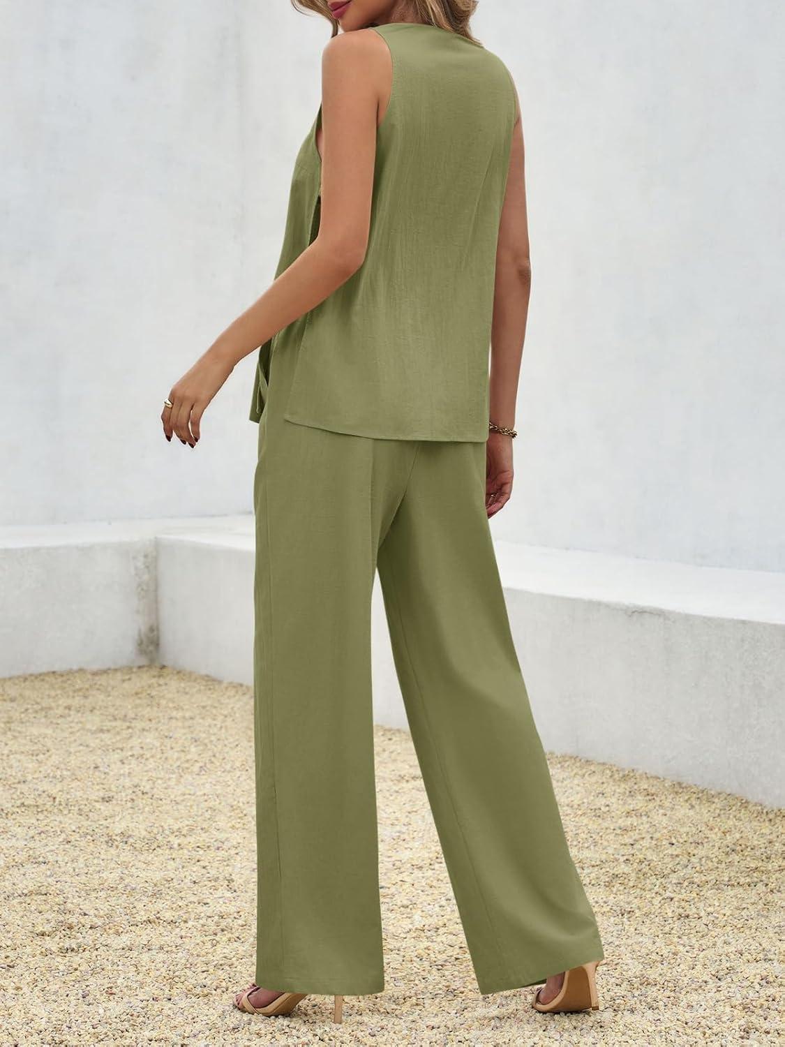 imageTankaneo Womens 2 Piece Linen Sets Summer Outfits Sleeveless V Neck Botton Down Tank Tops and Pants Matching SetArmy Green