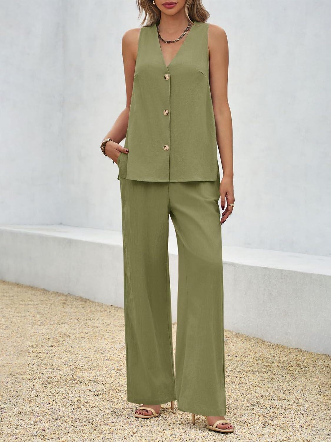 imageTankaneo Womens 2 Piece Linen Sets Summer Outfits Sleeveless V Neck Botton Down Tank Tops and Pants Matching SetArmy Green