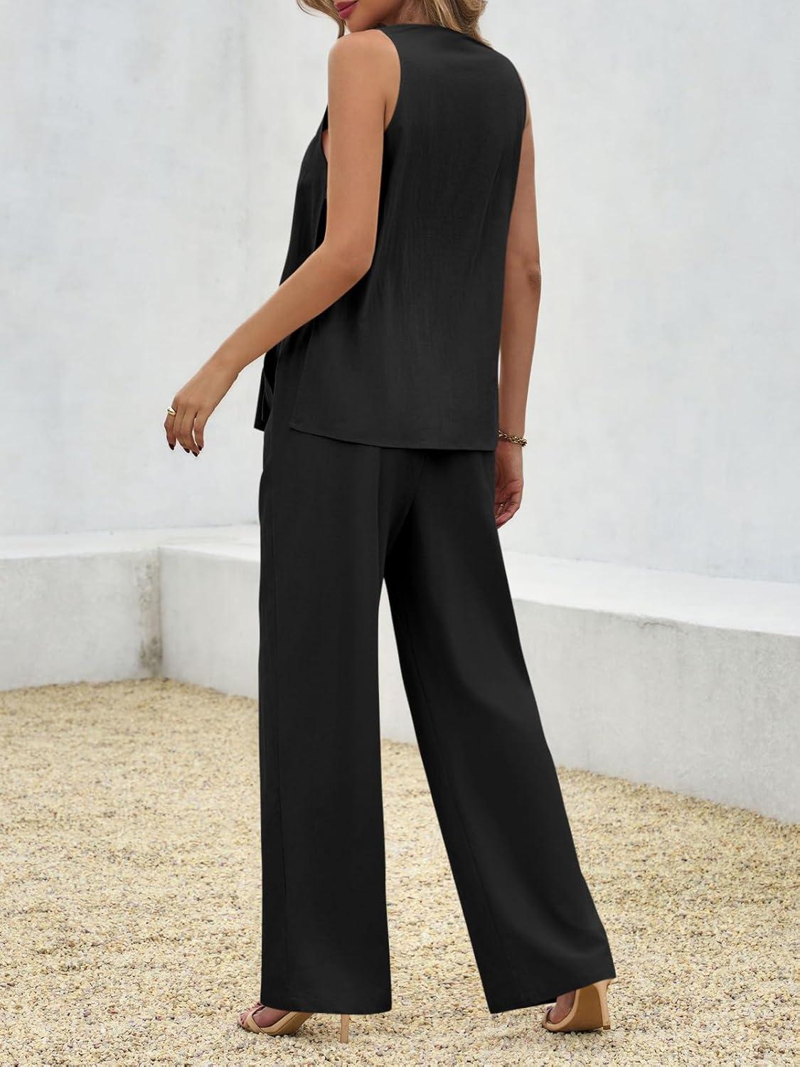 imageTankaneo Womens 2 Piece Linen Sets Summer Outfits Sleeveless V Neck Botton Down Tank Tops and Pants Matching SetBlack