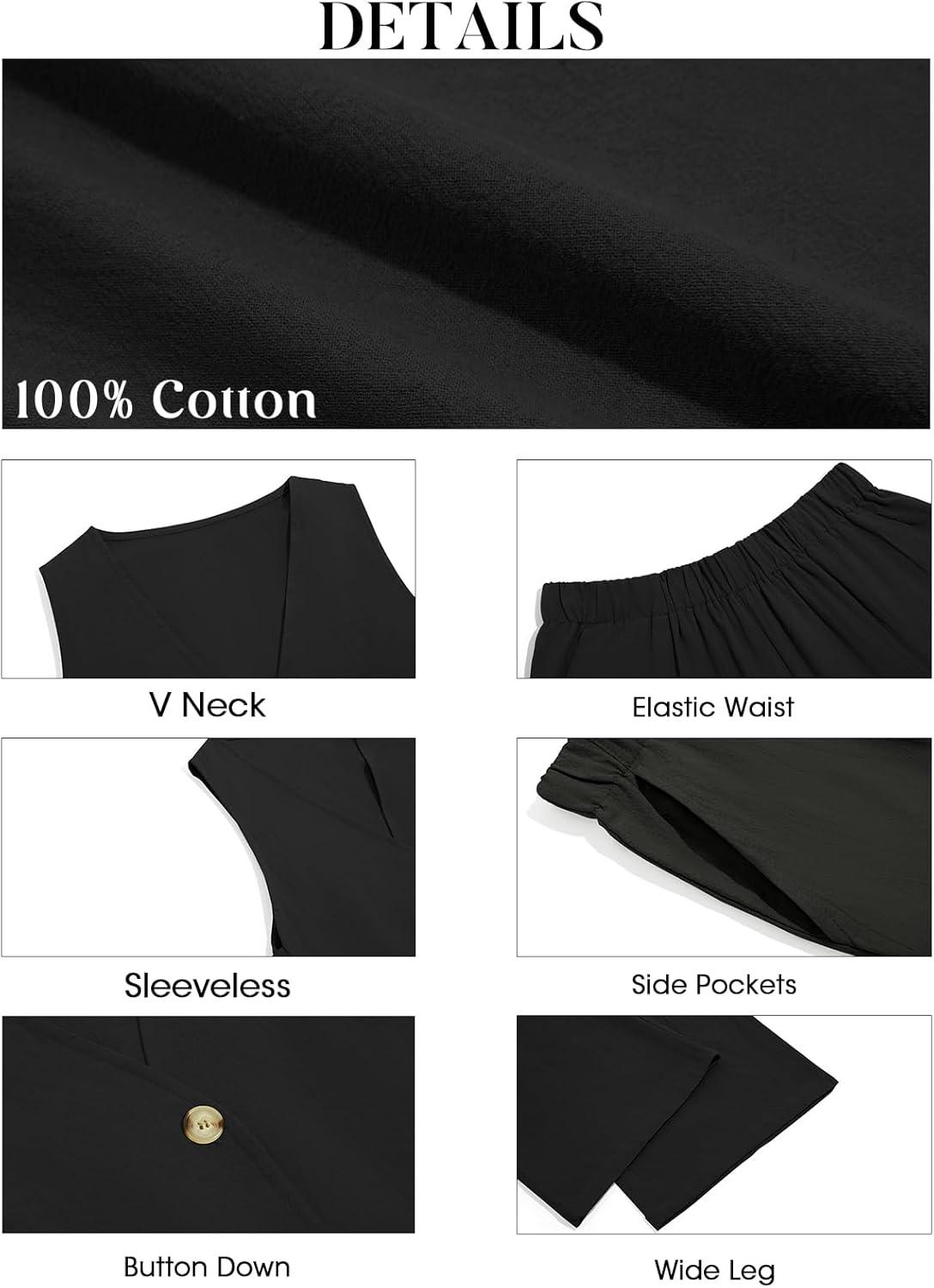imageTankaneo Womens 2 Piece Linen Sets Summer Outfits Sleeveless V Neck Botton Down Tank Tops and Pants Matching SetBlack