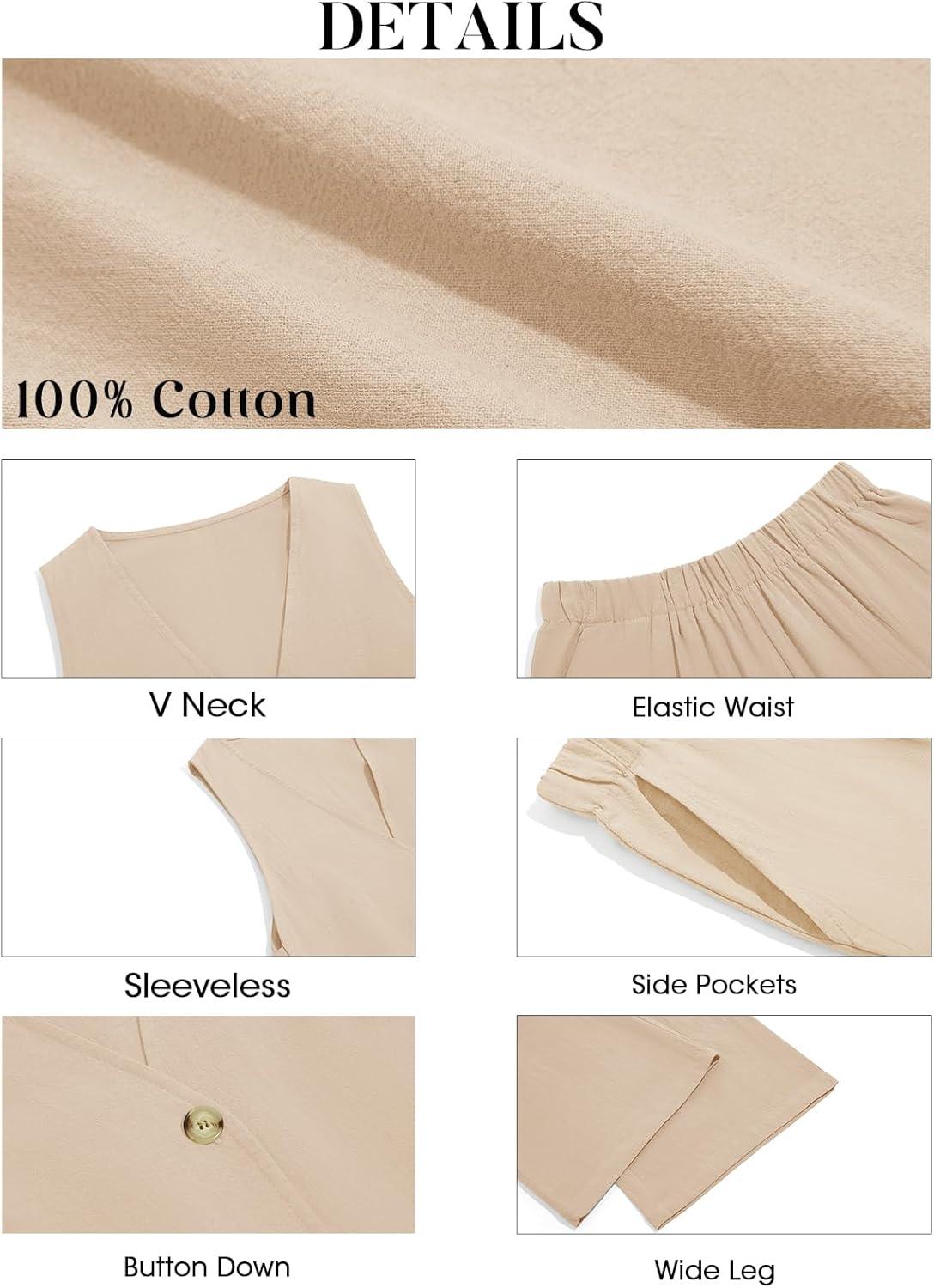 imageTankaneo Womens 2 Piece Linen Sets Summer Outfits Sleeveless V Neck Botton Down Tank Tops and Pants Matching SetKhaki