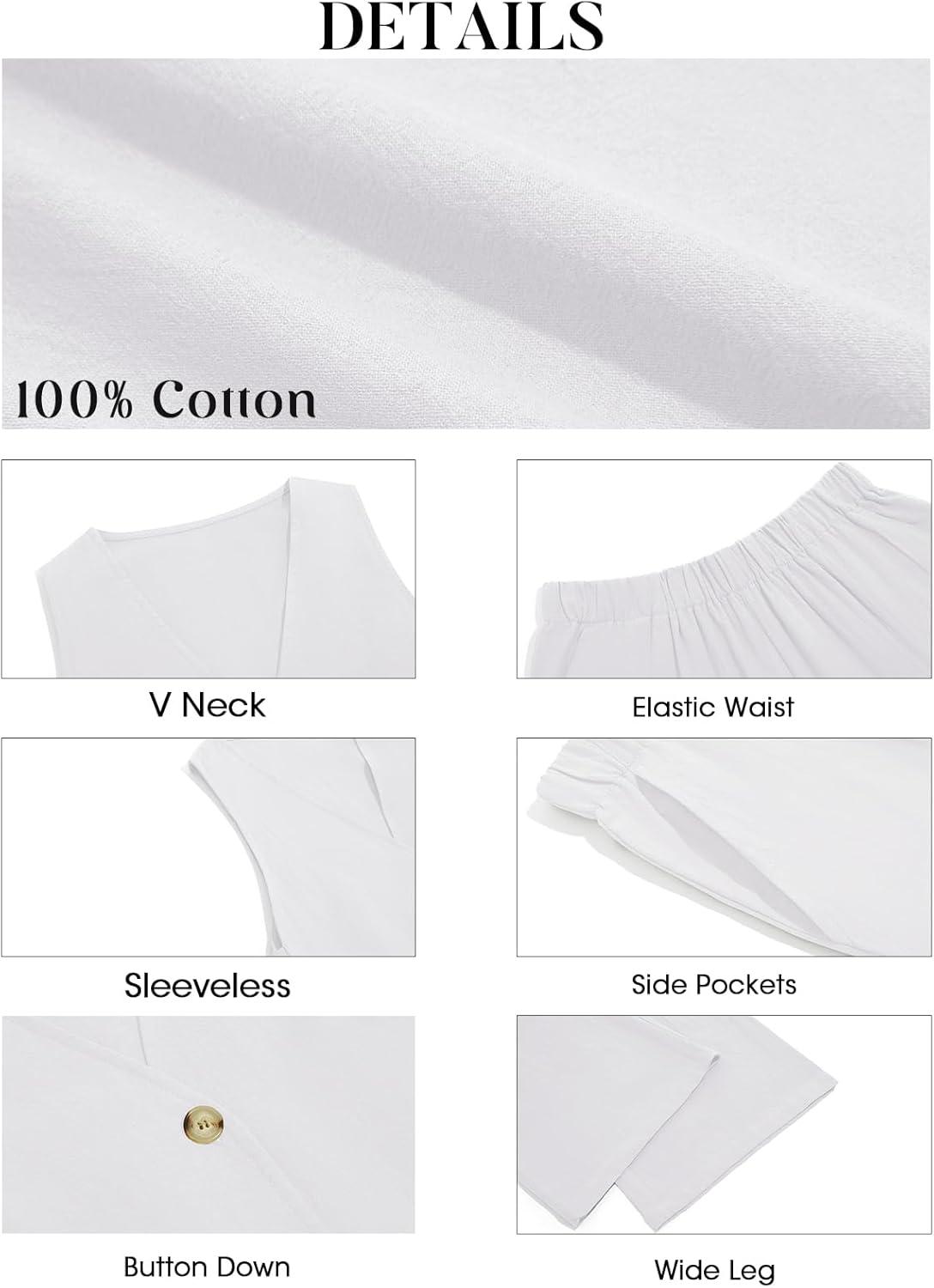 imageTankaneo Womens 2 Piece Linen Sets Summer Outfits Sleeveless V Neck Botton Down Tank Tops and Pants Matching SetWhite