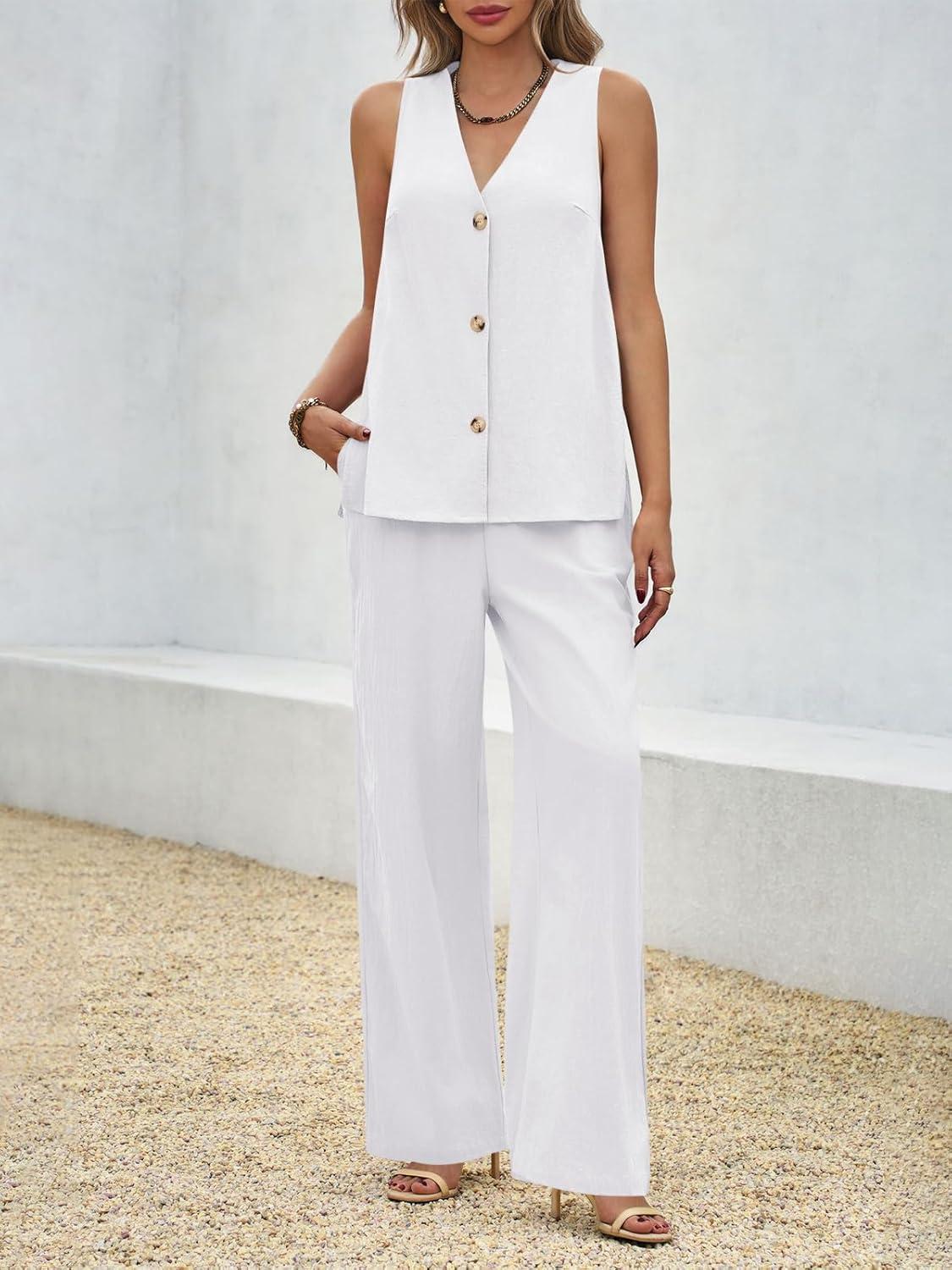 imageTankaneo Womens 2 Piece Linen Sets Summer Outfits Sleeveless V Neck Botton Down Tank Tops and Pants Matching SetWhite