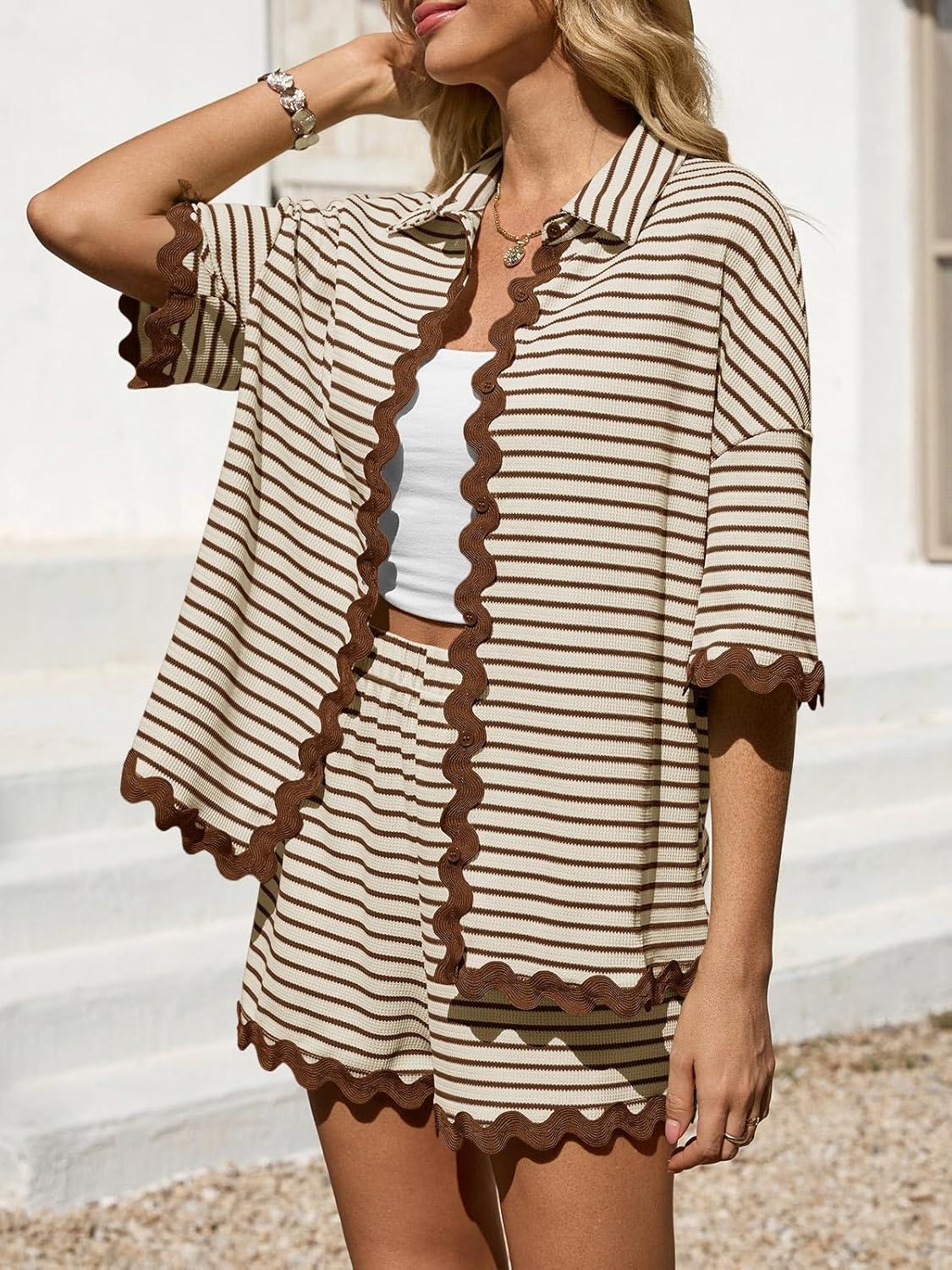 imageTankaneo Womens 2 Piece Lounge Set Striped Outfits Short Sleeve Button Down Shirts and Shorts Summer Matching SetsBrown