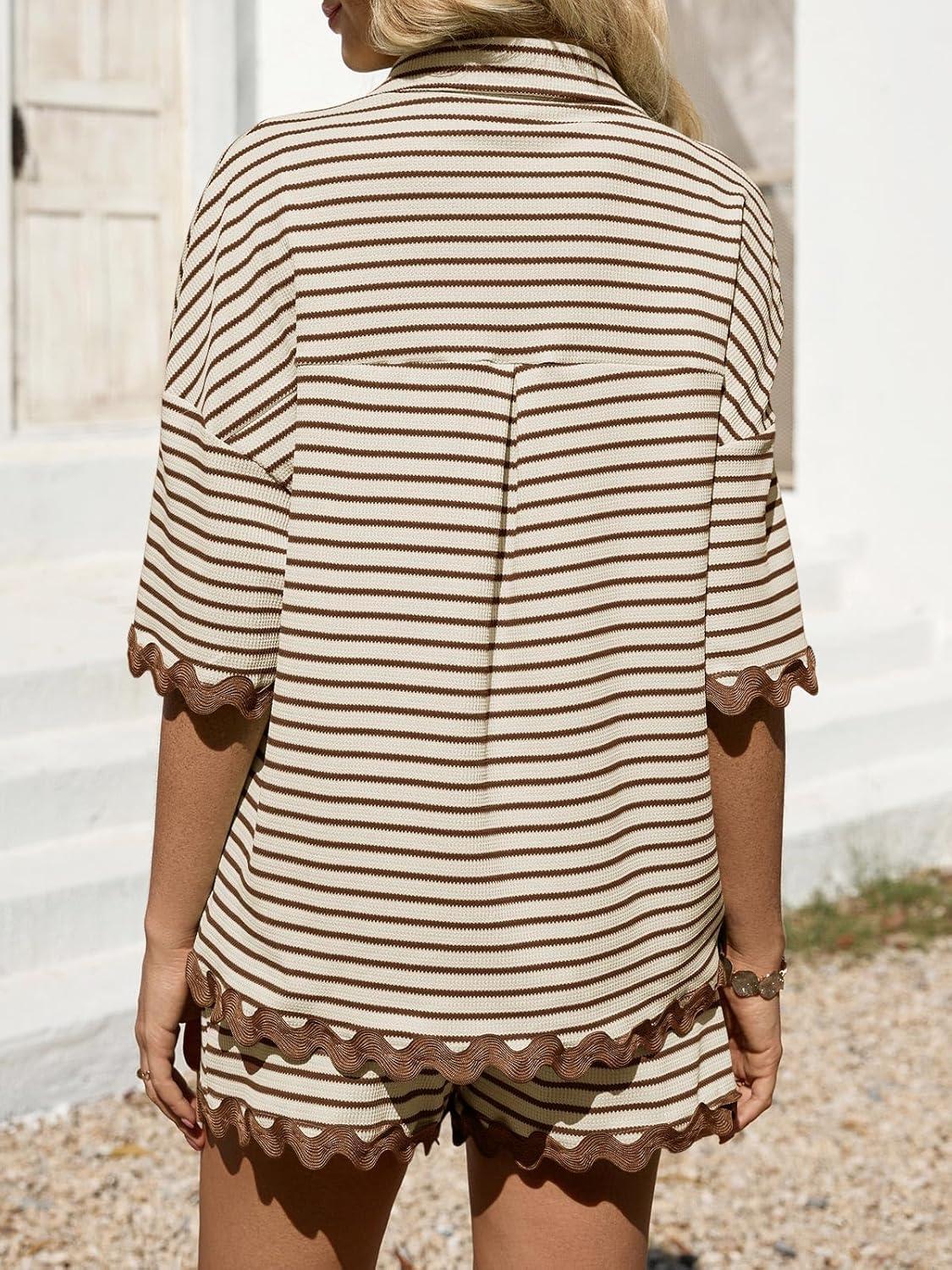 imageTankaneo Womens 2 Piece Lounge Set Striped Outfits Short Sleeve Button Down Shirts and Shorts Summer Matching SetsBrown