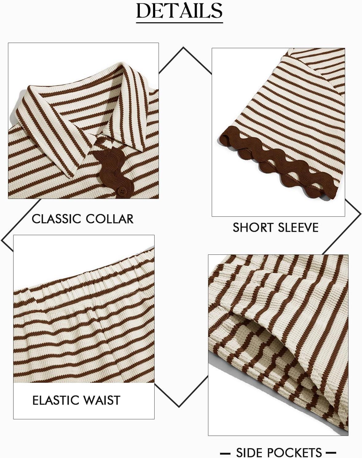 imageTankaneo Womens 2 Piece Lounge Set Striped Outfits Short Sleeve Button Down Shirts and Shorts Summer Matching SetsBrown