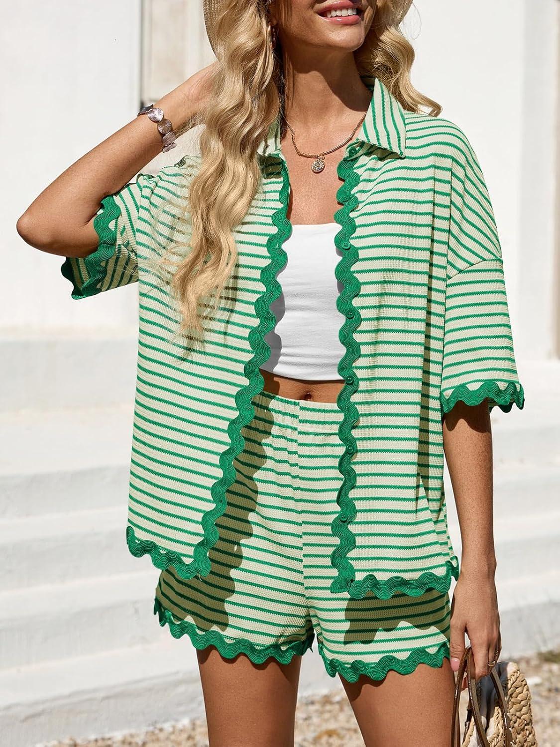 imageTankaneo Womens 2 Piece Lounge Set Striped Outfits Short Sleeve Button Down Shirts and Shorts Summer Matching SetsGreen
