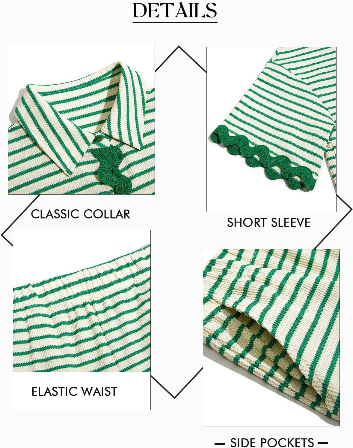 imageTankaneo Womens 2 Piece Lounge Set Striped Outfits Short Sleeve Button Down Shirts and Shorts Summer Matching SetsGreen