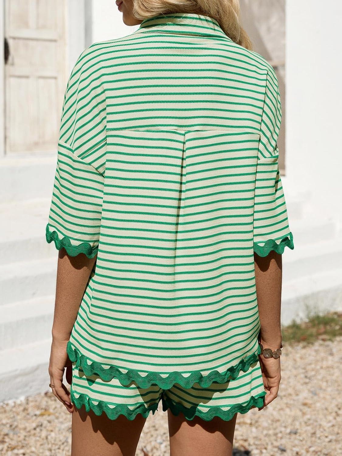 imageTankaneo Womens 2 Piece Lounge Set Striped Outfits Short Sleeve Button Down Shirts and Shorts Summer Matching SetsGreen