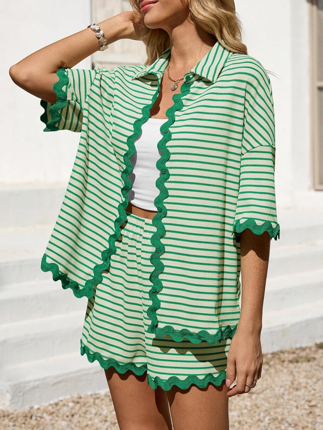 imageTankaneo Womens 2 Piece Lounge Set Striped Outfits Short Sleeve Button Down Shirts and Shorts Summer Matching SetsGreen