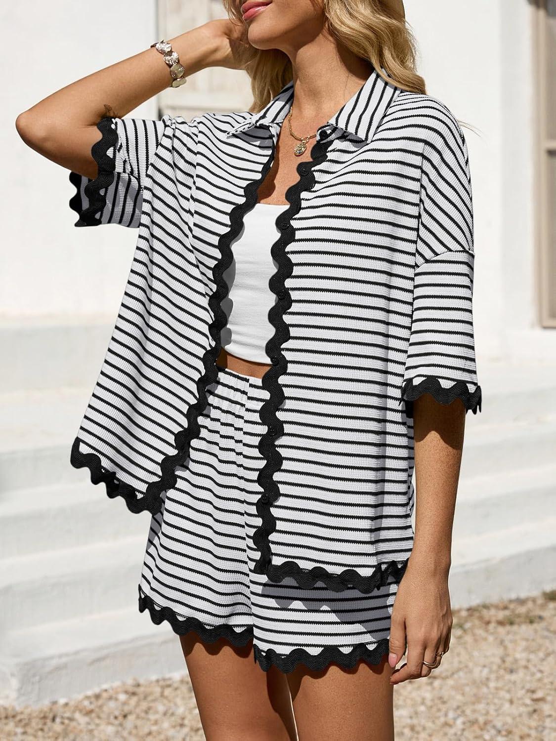 imageTankaneo Womens 2 Piece Lounge Set Striped Outfits Short Sleeve Button Down Shirts and Shorts Summer Matching SetsWhite