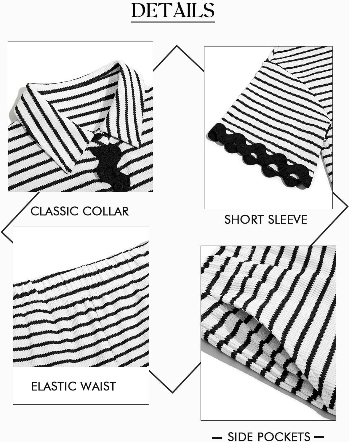 imageTankaneo Womens 2 Piece Lounge Set Striped Outfits Short Sleeve Button Down Shirts and Shorts Summer Matching SetsWhite