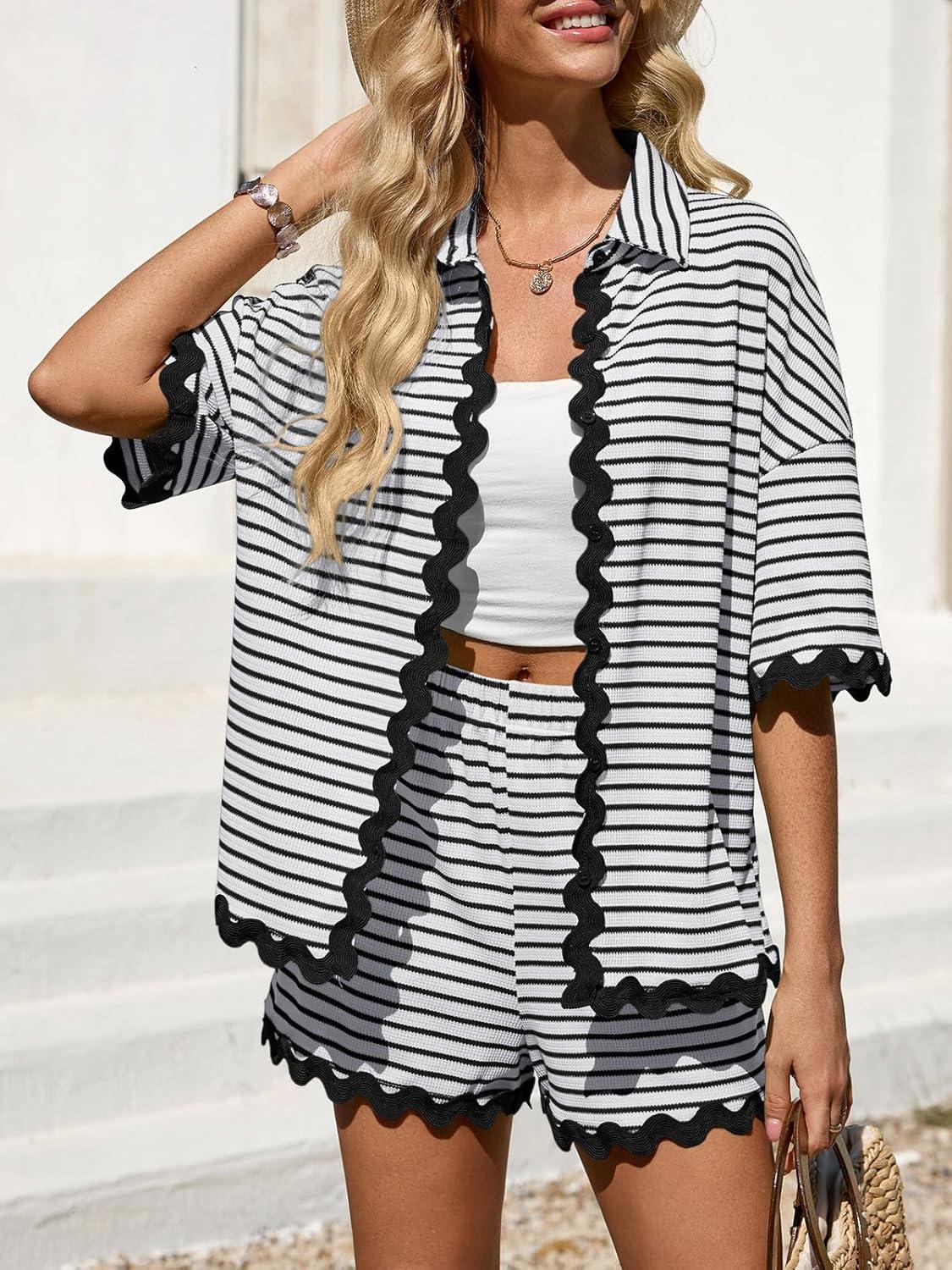 imageTankaneo Womens 2 Piece Lounge Set Striped Outfits Short Sleeve Button Down Shirts and Shorts Summer Matching SetsWhite