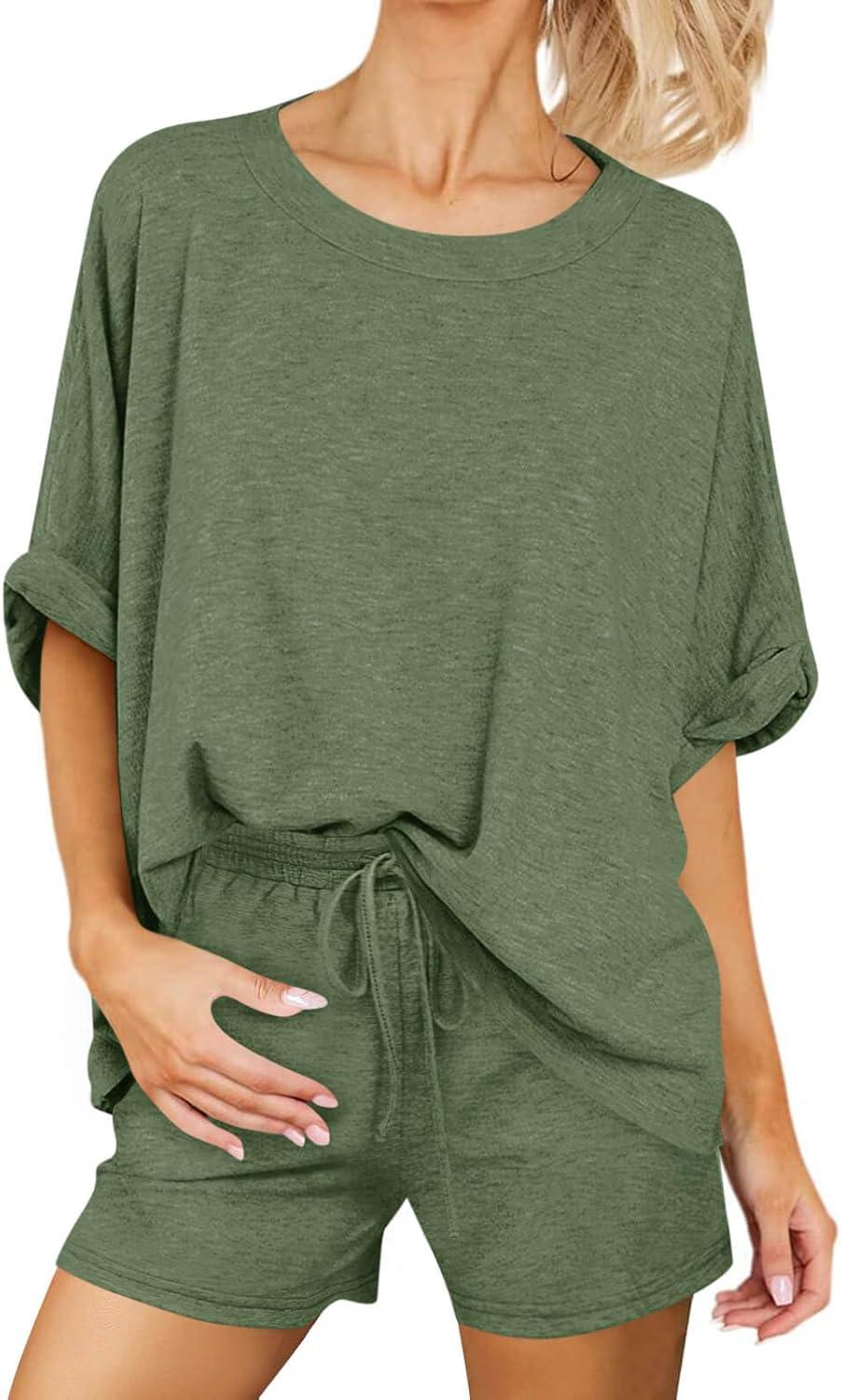 imageTankaneo Womens 2 Piece Lounge Sets Oversized Short Sleeve Tshirts Drawstring Shorts Pajamas Summer OutfitsArmy Green