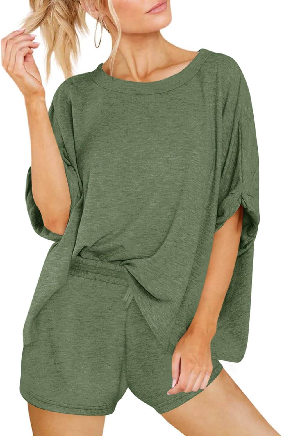 imageTankaneo Womens 2 Piece Lounge Sets Oversized Short Sleeve Tshirts Drawstring Shorts Pajamas Summer OutfitsArmy Green