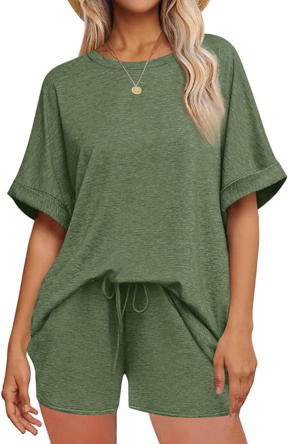 imageTankaneo Womens 2 Piece Lounge Sets Oversized Short Sleeve Tshirts Drawstring Shorts Pajamas Summer OutfitsArmy Green