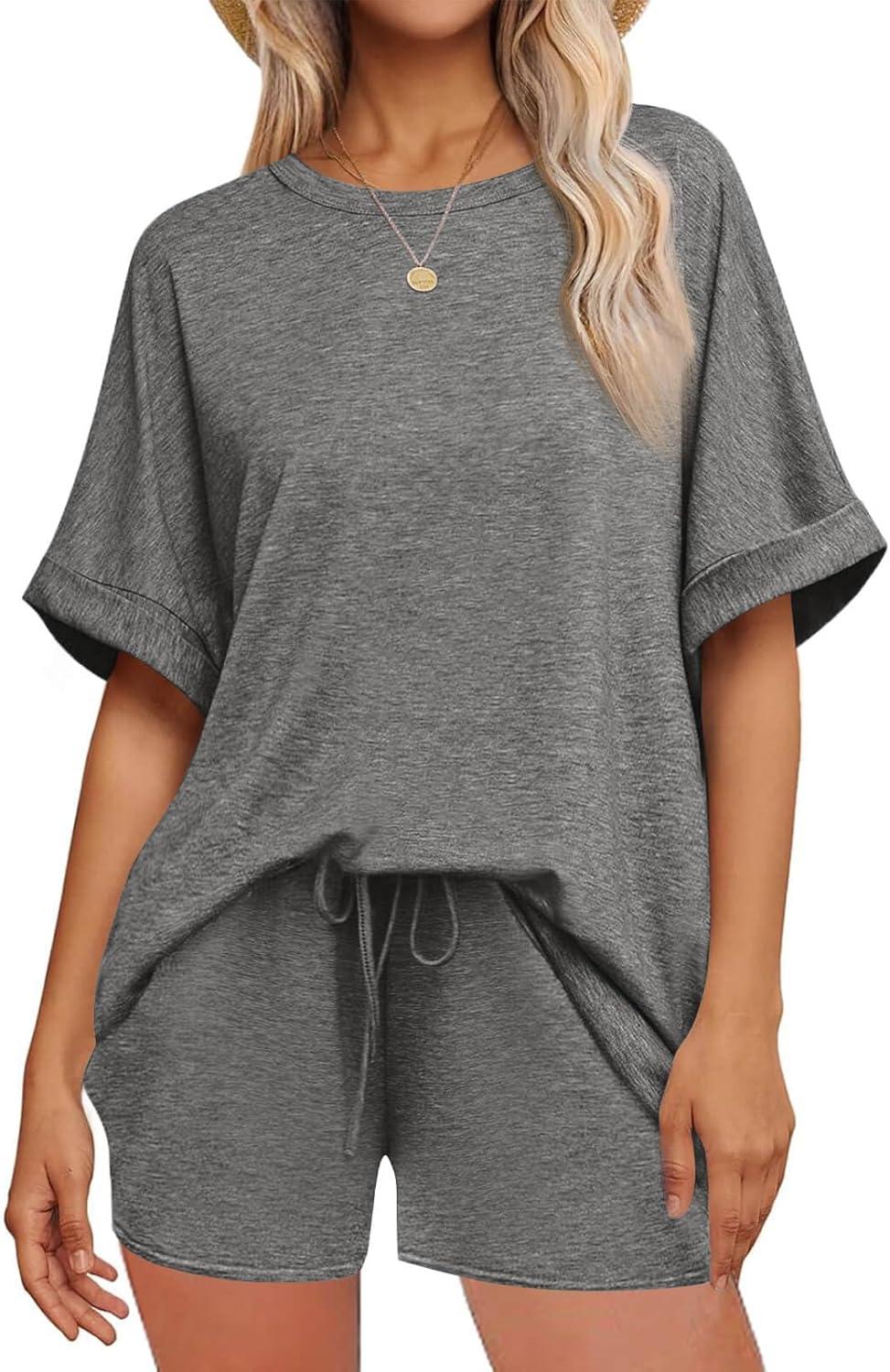 imageTankaneo Womens 2 Piece Lounge Sets Oversized Short Sleeve Tshirts Drawstring Shorts Pajamas Summer OutfitsDark Grey