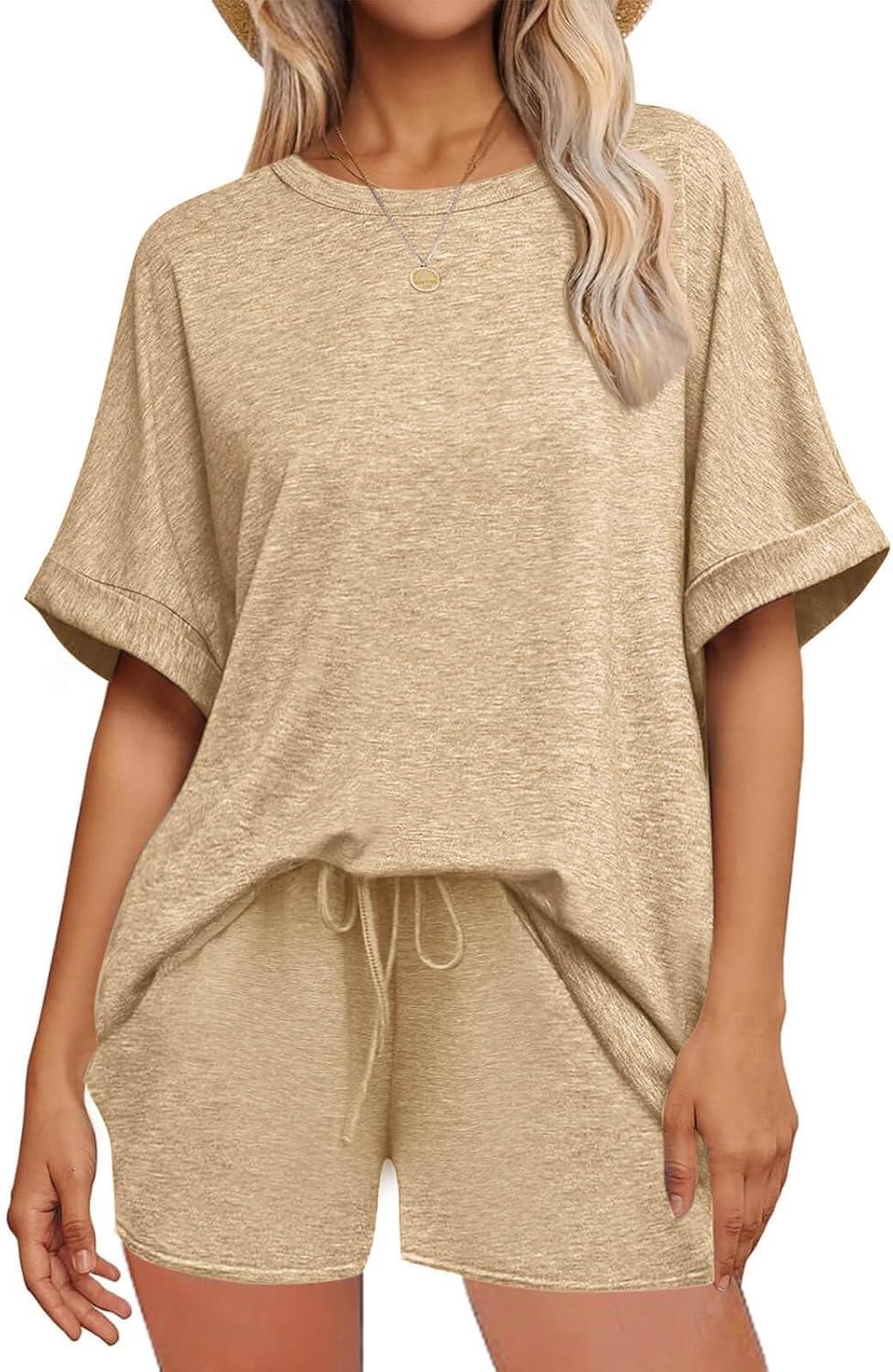 imageTankaneo Womens 2 Piece Lounge Sets Oversized Short Sleeve Tshirts Drawstring Shorts Pajamas Summer OutfitsKhaki